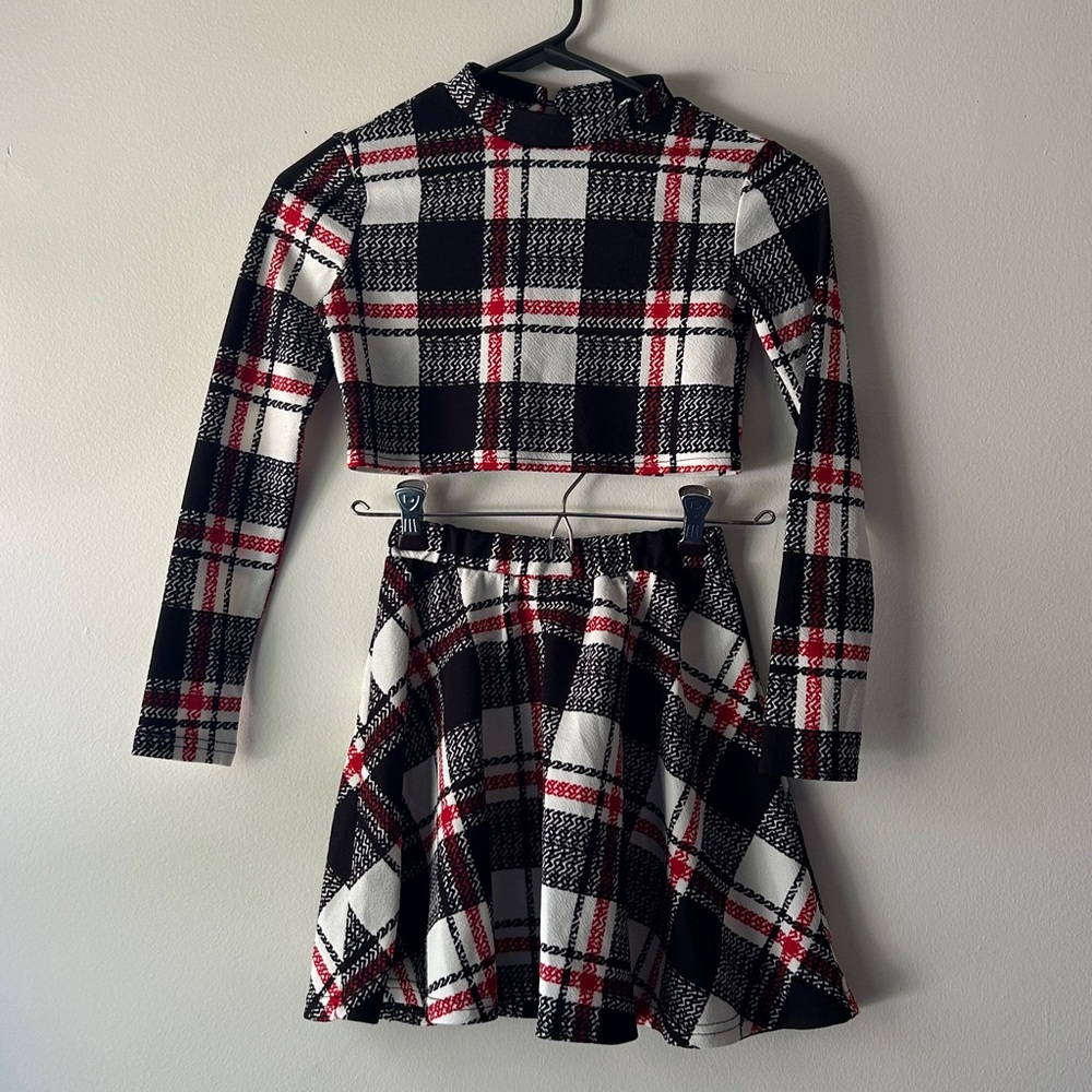 Plaid Long Sleeve Crop Top and Skirt Set